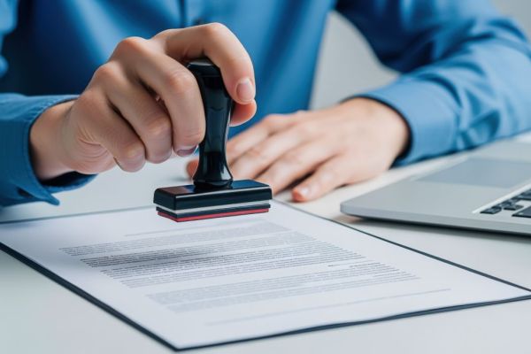 Person setzt einen amtlichen Stempel auf ein Dokument, Symbol für beglaubigte Übersetzung und rechtliche Bestätigung.