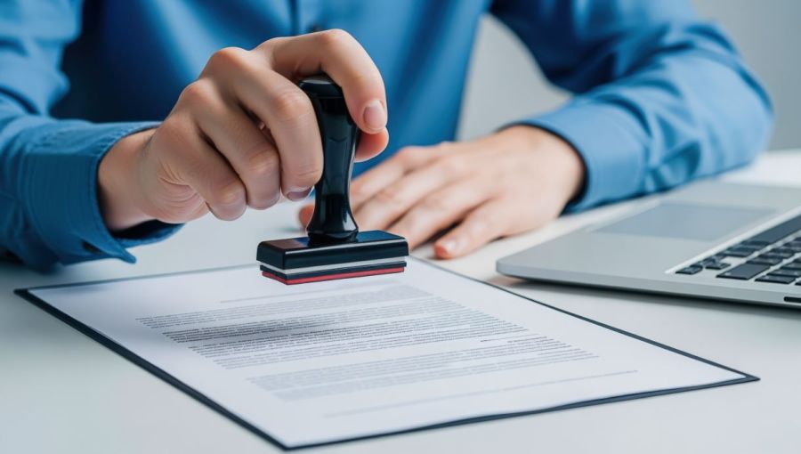 Person setzt einen amtlichen Stempel auf ein Dokument, Symbol für beglaubigte Übersetzung und rechtliche Bestätigung.